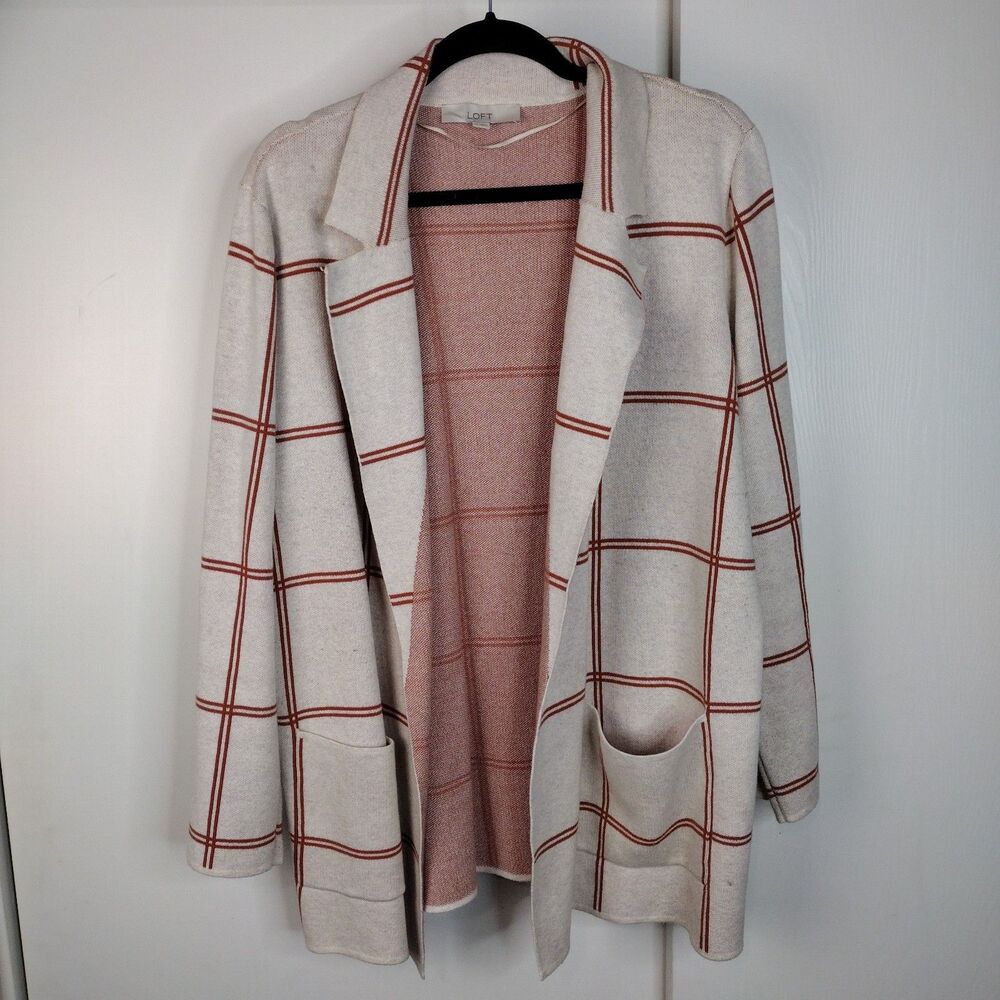 Loft 100% Cotton Open Front Plaid Long Cardigan Sweater Womens Sz XL Cream Brown